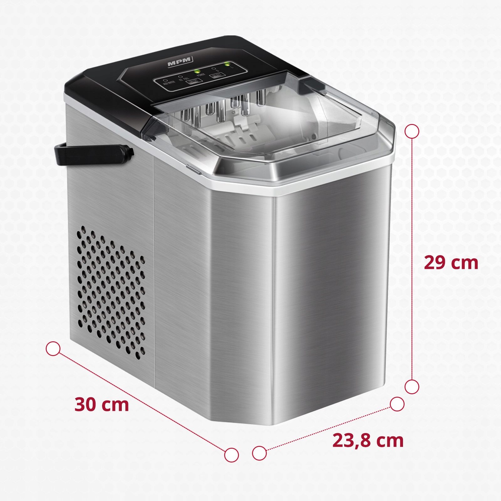 Kostkarka do lodu duża srebrny/szary inox uchwyt MPM MKD-04M 150W Kolor dominujący srebrny/szary