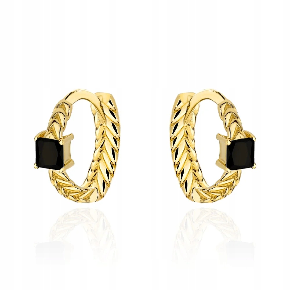 Krásné náušnice zlaté 585 14k pletené kroužky s černým kamenem kreole