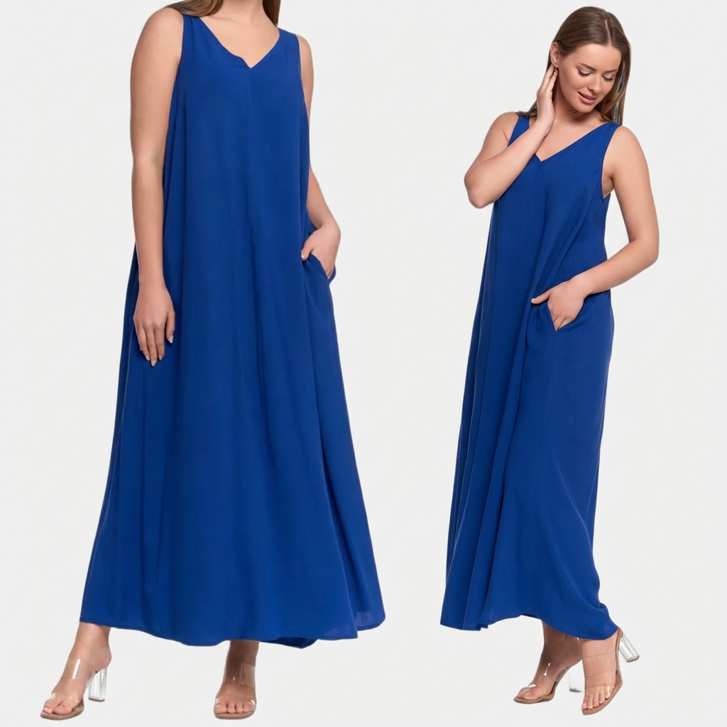 Damska Sukienka Wiskozowa Maxi Letnia O Luźnym Kroju Moraj Niebieski 3XL