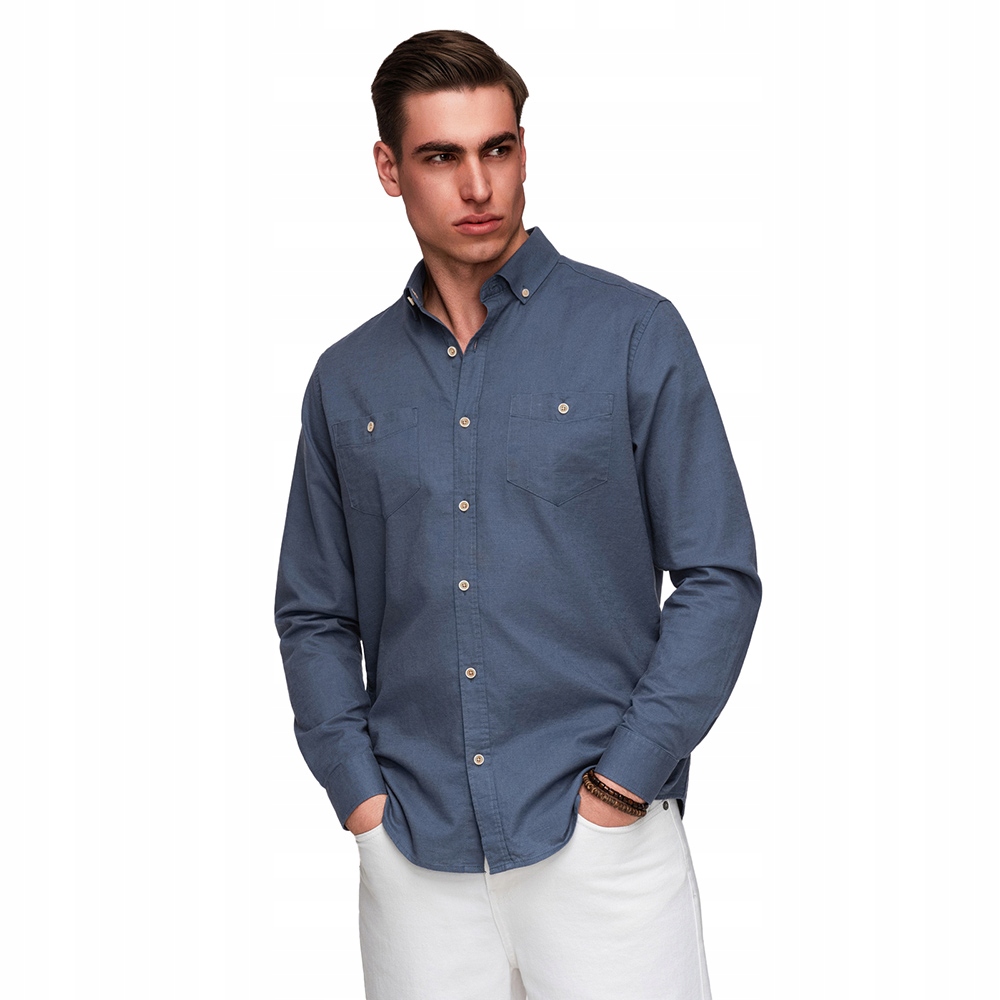 Pohodlná pánská lněná košile s button-down límcem, modrá V4 K706 M