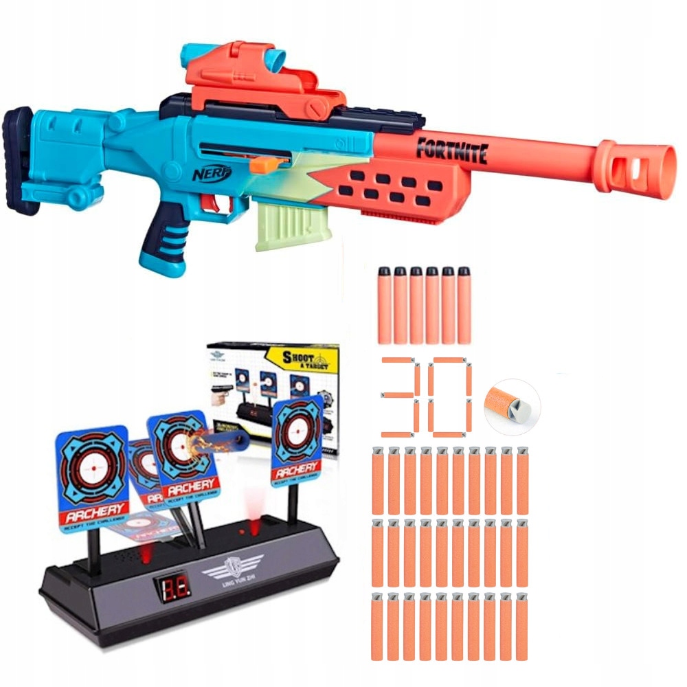 NERF ZESTAW FORTNITE STORM SCOUT SNAJPERKA ELEKTRONICZNA TARCZA 36 STRZAŁEK