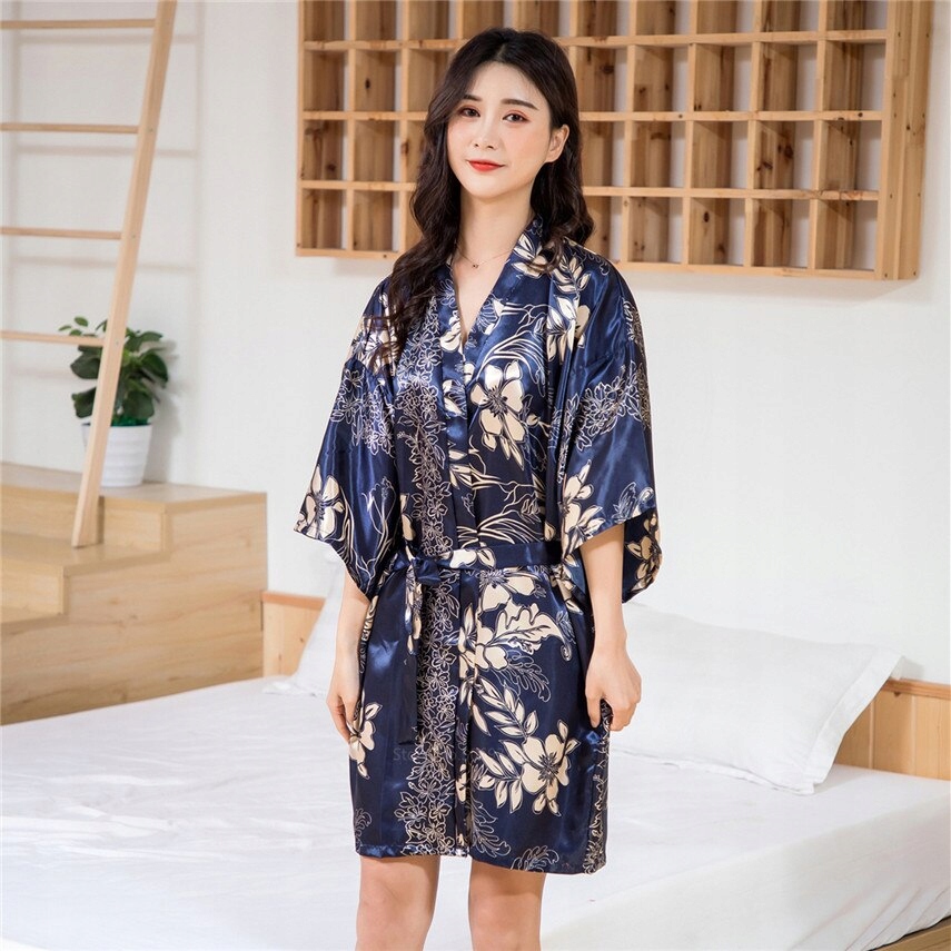 UNIWERSALNE KOBIECE KIMONO SZLAFROK YUKATA TOGA HAFT PIŻAMA KWIAT PASEK Odcień granatowy