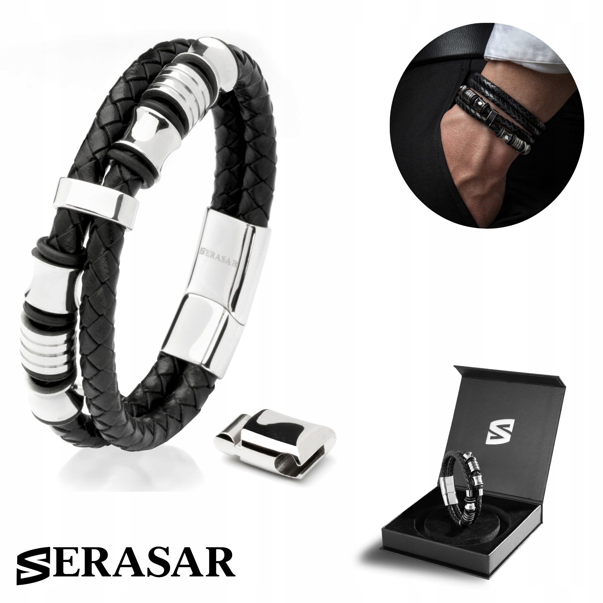Serasar, Pánský kožený náramek [Spirit] stříbrný, 20 cm