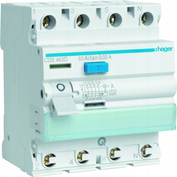 Diferenciálny prúdový spínač Hager CDS463D 3P+N 63A/30mA Typ A QuickConnect