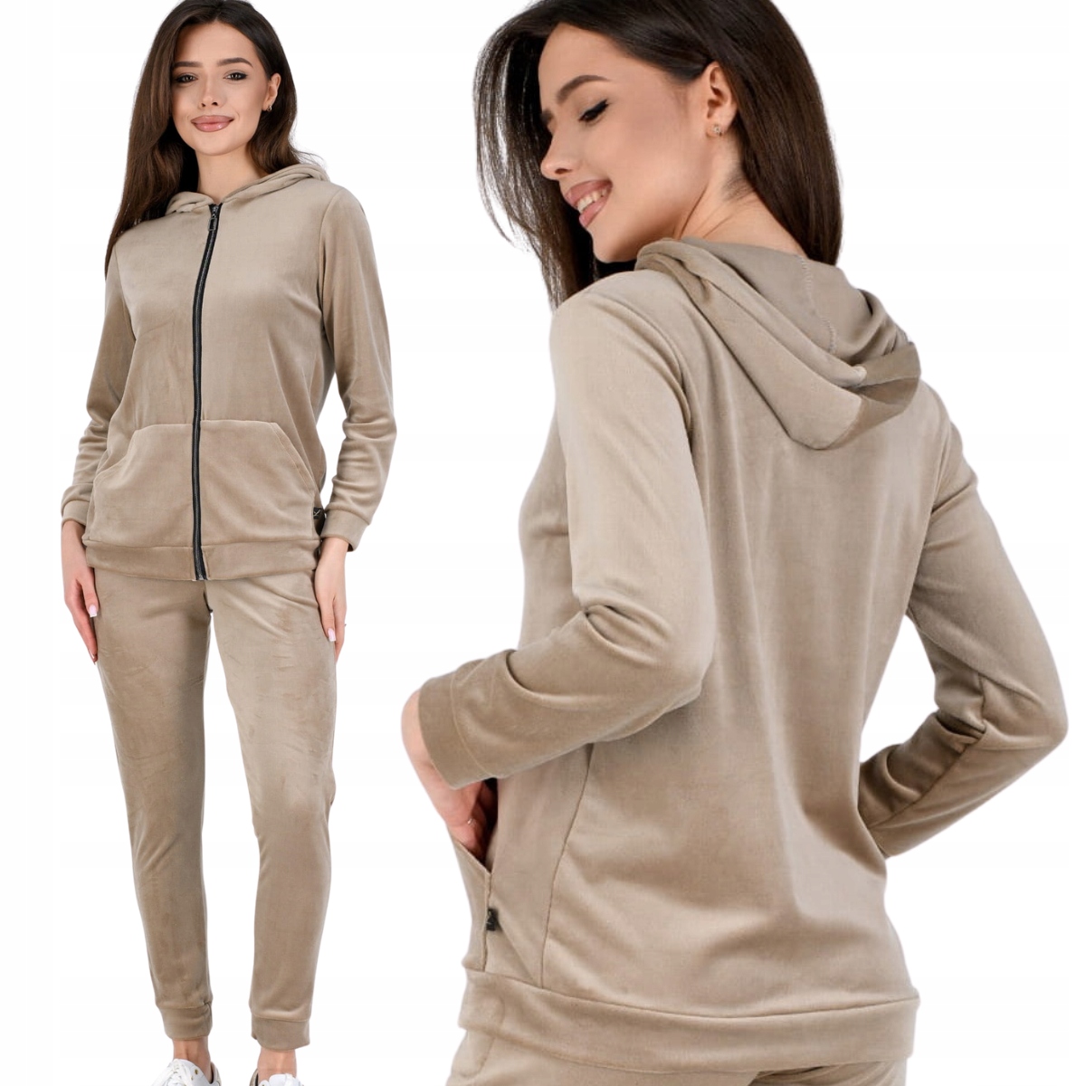 Velurový teplákovka dámský mikina na zip s kapucí béžová Lema Kalina L/XL