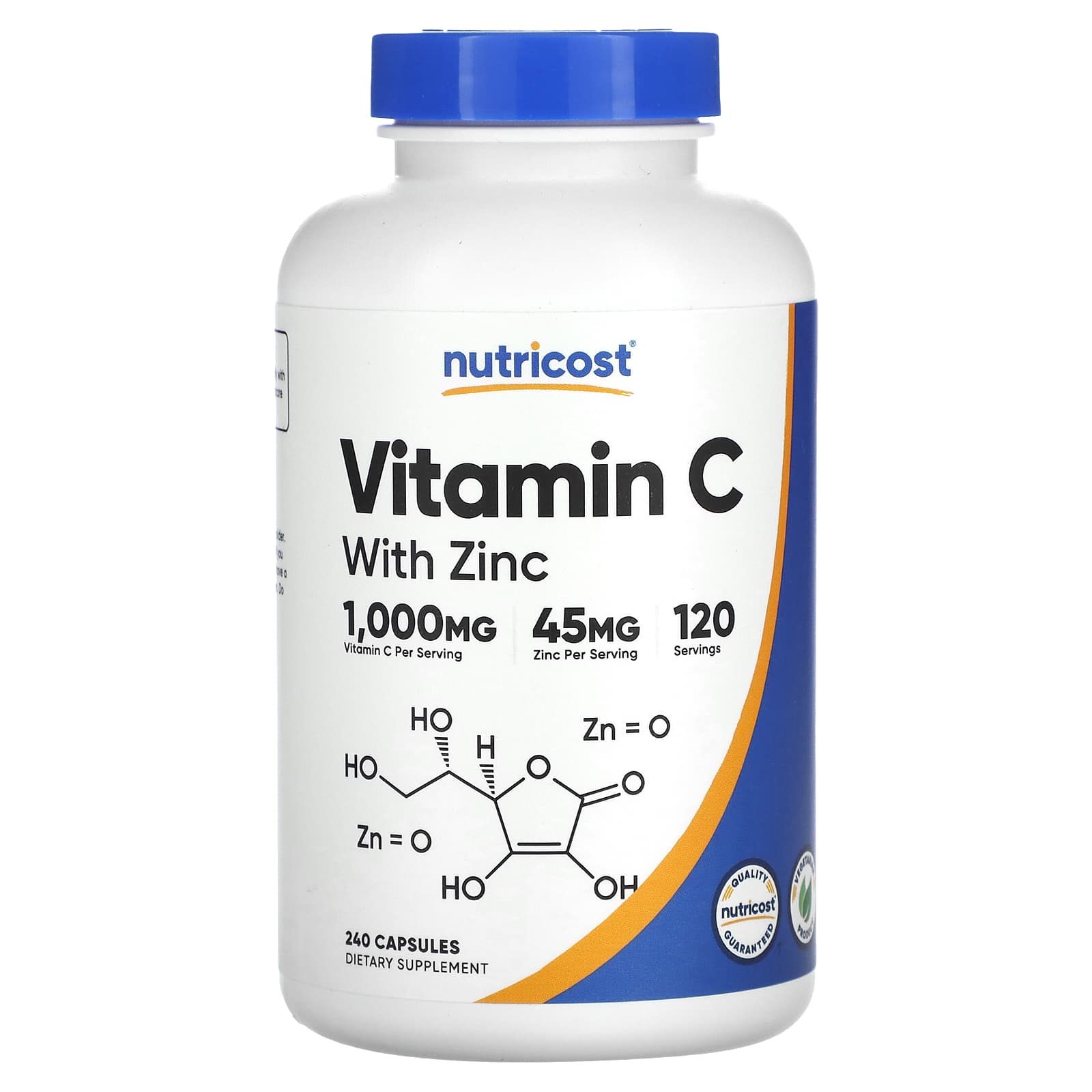 Nutricost, Vitamín C-1000 s zinkem 45 mg, 240 kapslí vege