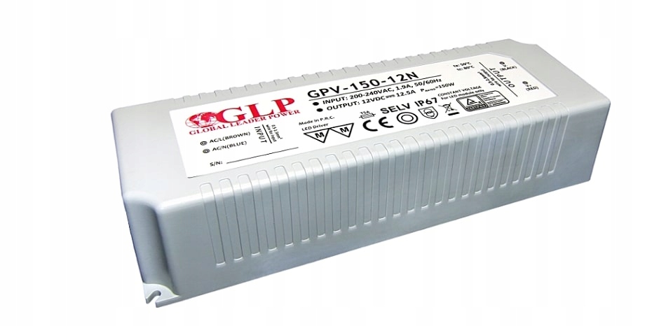 Zasilacz do taśm pasków Led, GPV-150-12N 150W 12V Tuv IP67