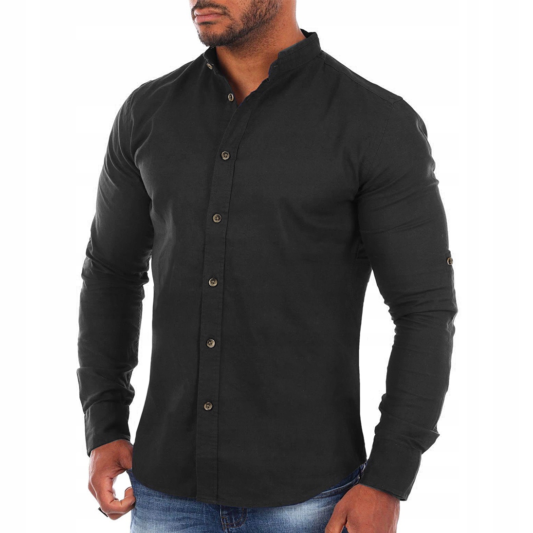 Pánská košile Lněná stojáček bez límce Prodyšná Vypasovaná Bavlna Len