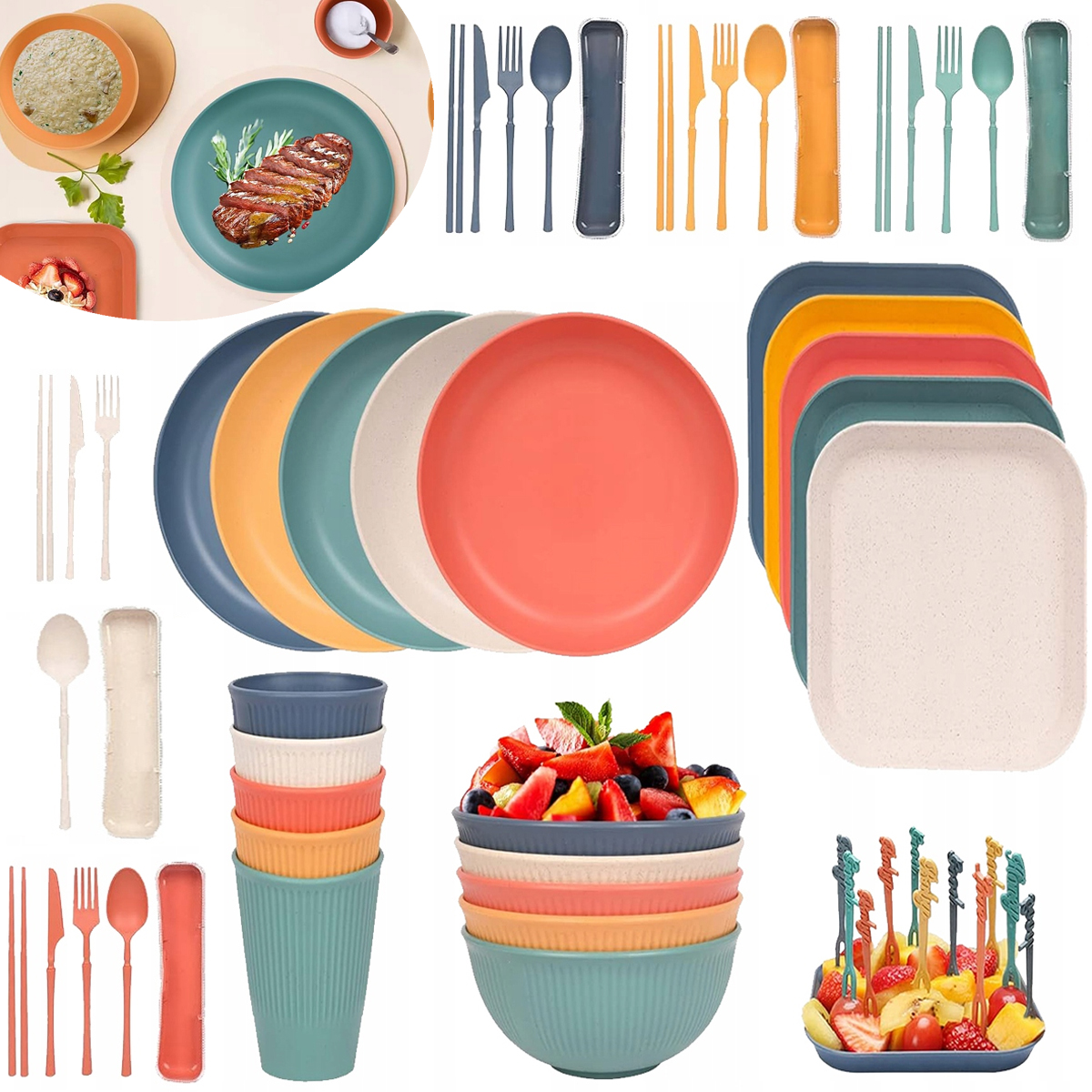 Naczynia Turystyczne talerzy miski kubki Duży Zestaw 52el.