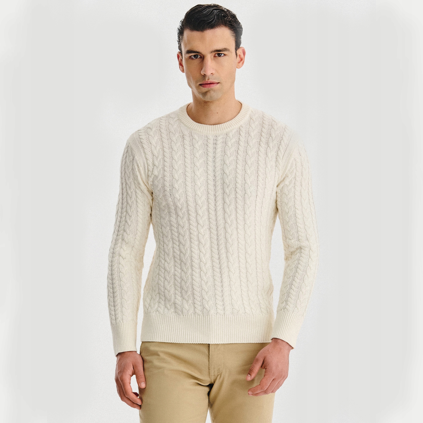 Béžový pánský svetr s copánkovou vazbou a kašmírem Pako Lorente vel 3XL