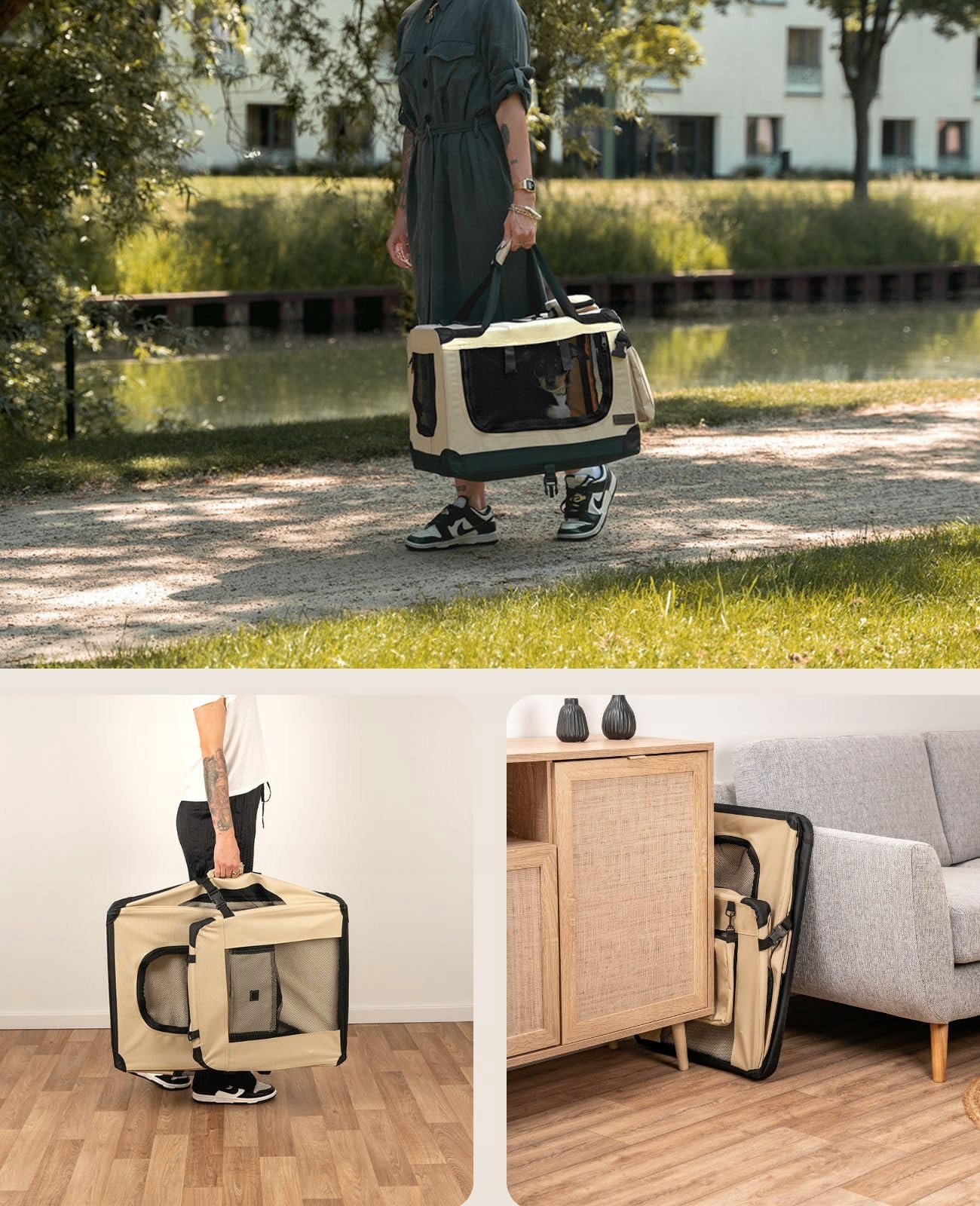 LIONTO Składana Transporter Dla Psów I Kotów Do 12kg Beżowy 60x42x44cm — miniatura 4