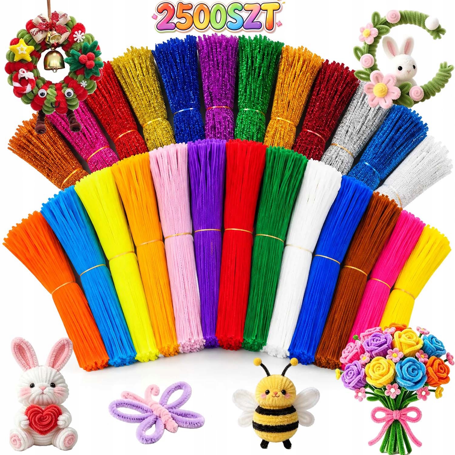Kreativní Drátky Barevné MIX Ozdobných Plyšových Vytěráků 30 CM 2500 Kusů