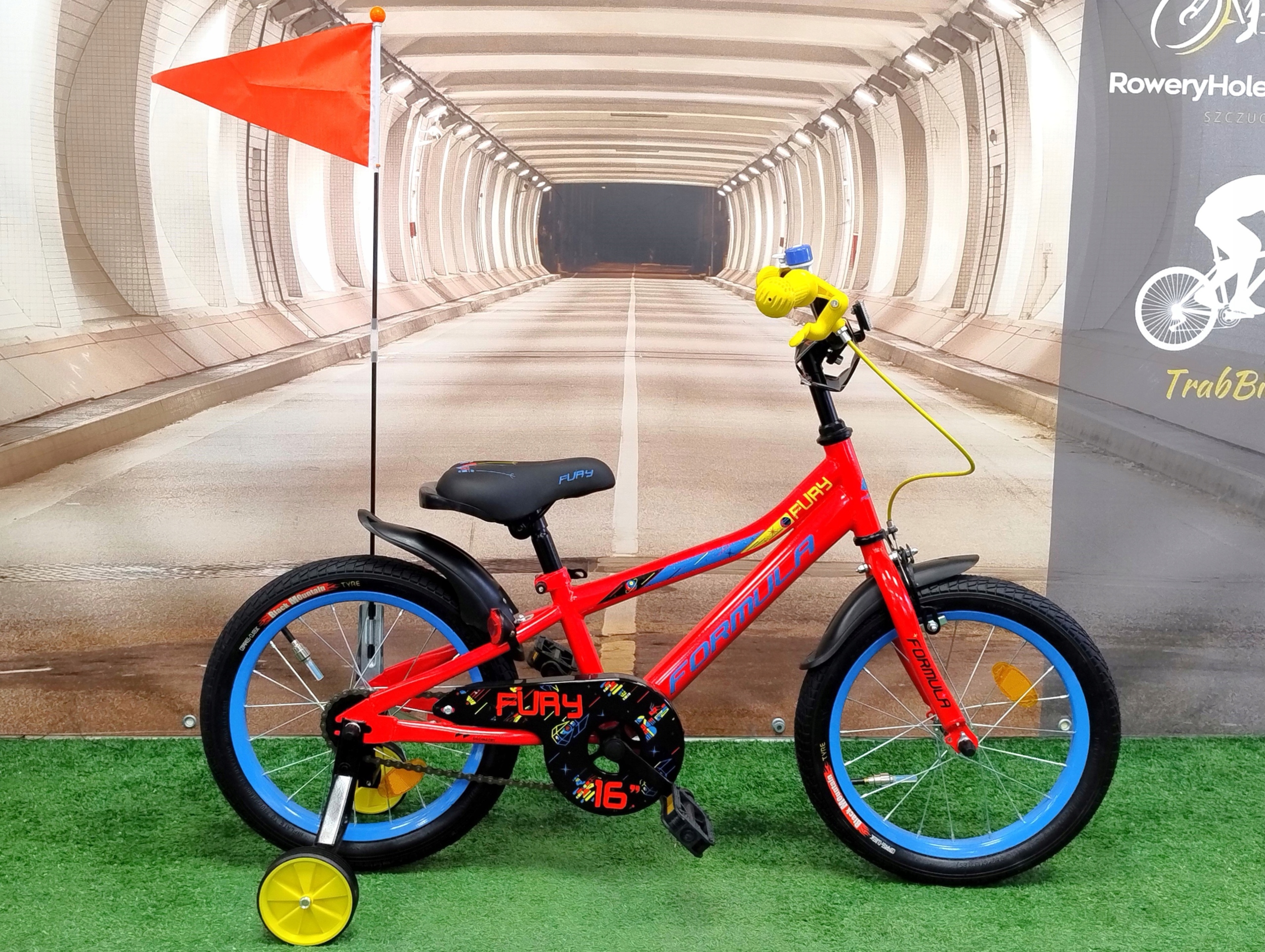 Rower dziecięcy dla chłopca 16" 3 lata+ Boczne Kółka, Chorągiewka, Dzwonek