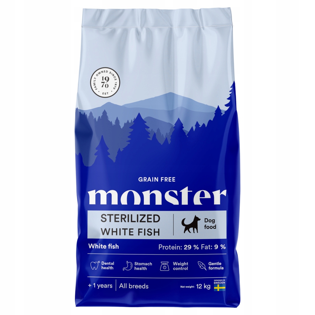 Monster Dog Sterilized 12kg Bezzbożowa Sucha Karma Dla Psa z Białą Rybą
