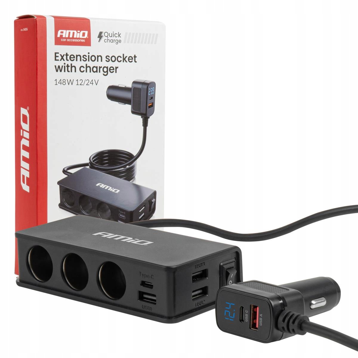 Ładowarka Samochodowa AMiO 3x Usb-a Usb-c Pd Qc 3.0 148W Włącznik