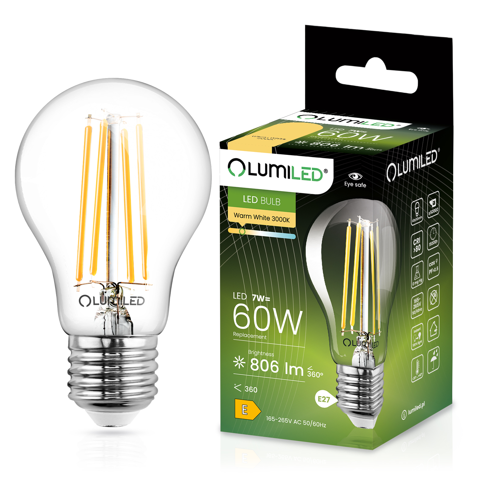 Żarówka LED E27 FILAMENT 7W = 60W 3000K Ciepła Ozdobna LUMILED