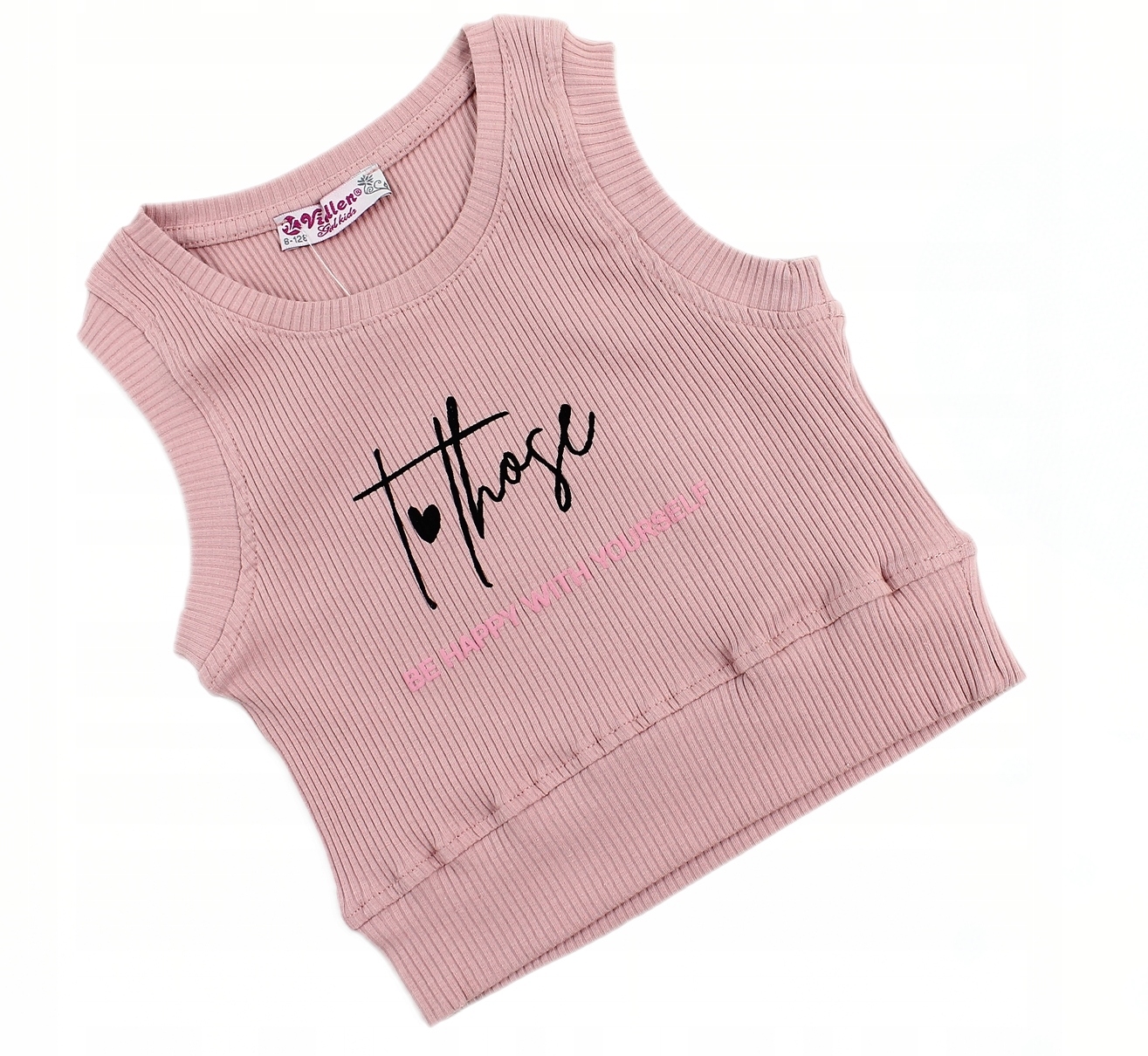 

Różowy Top z prążka z napisami 140