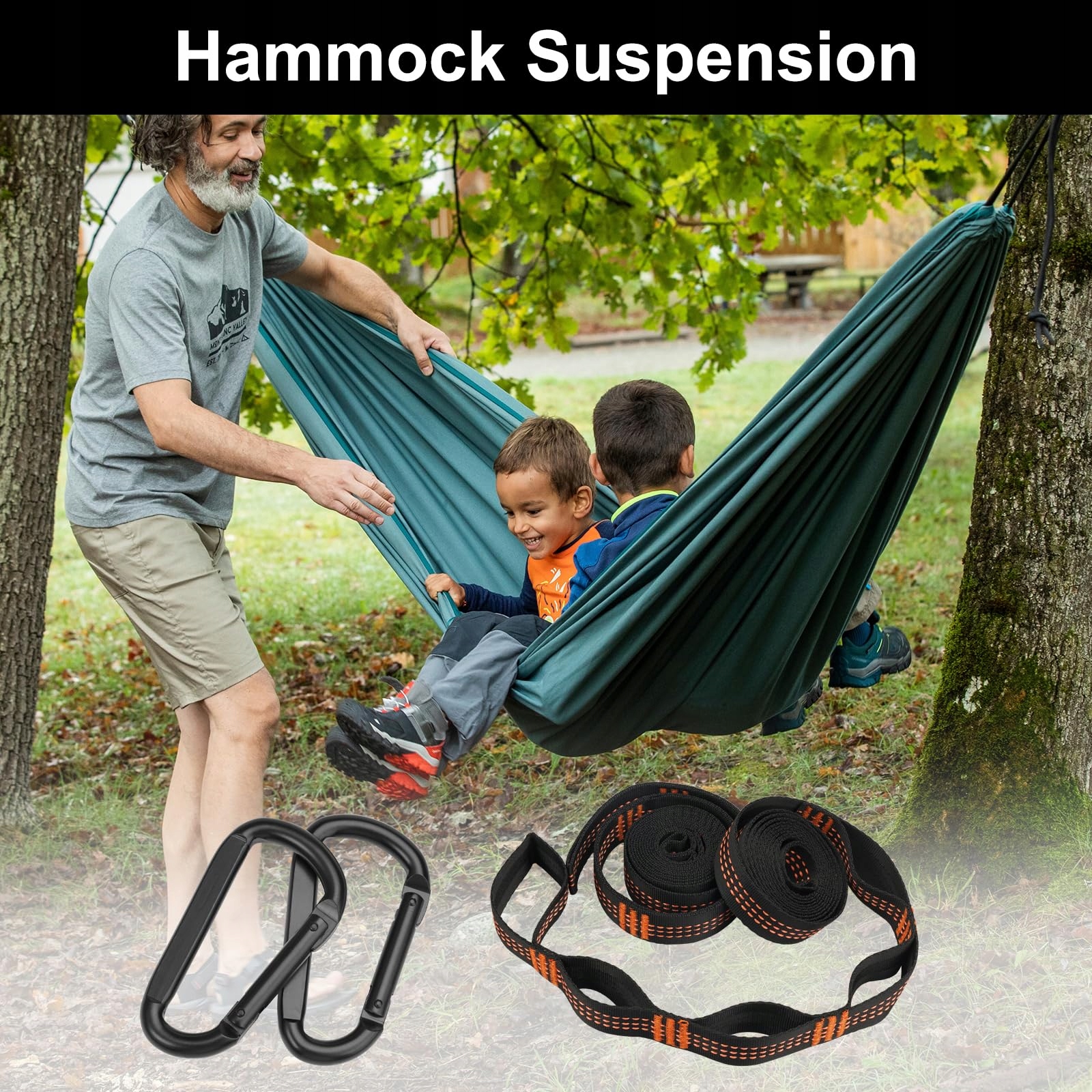 DWUPAK ZAWIESZENIE HAMAKA ZESTAW DO MOCOWANIA Z KARABINKAMI CAMPING — miniatura 5