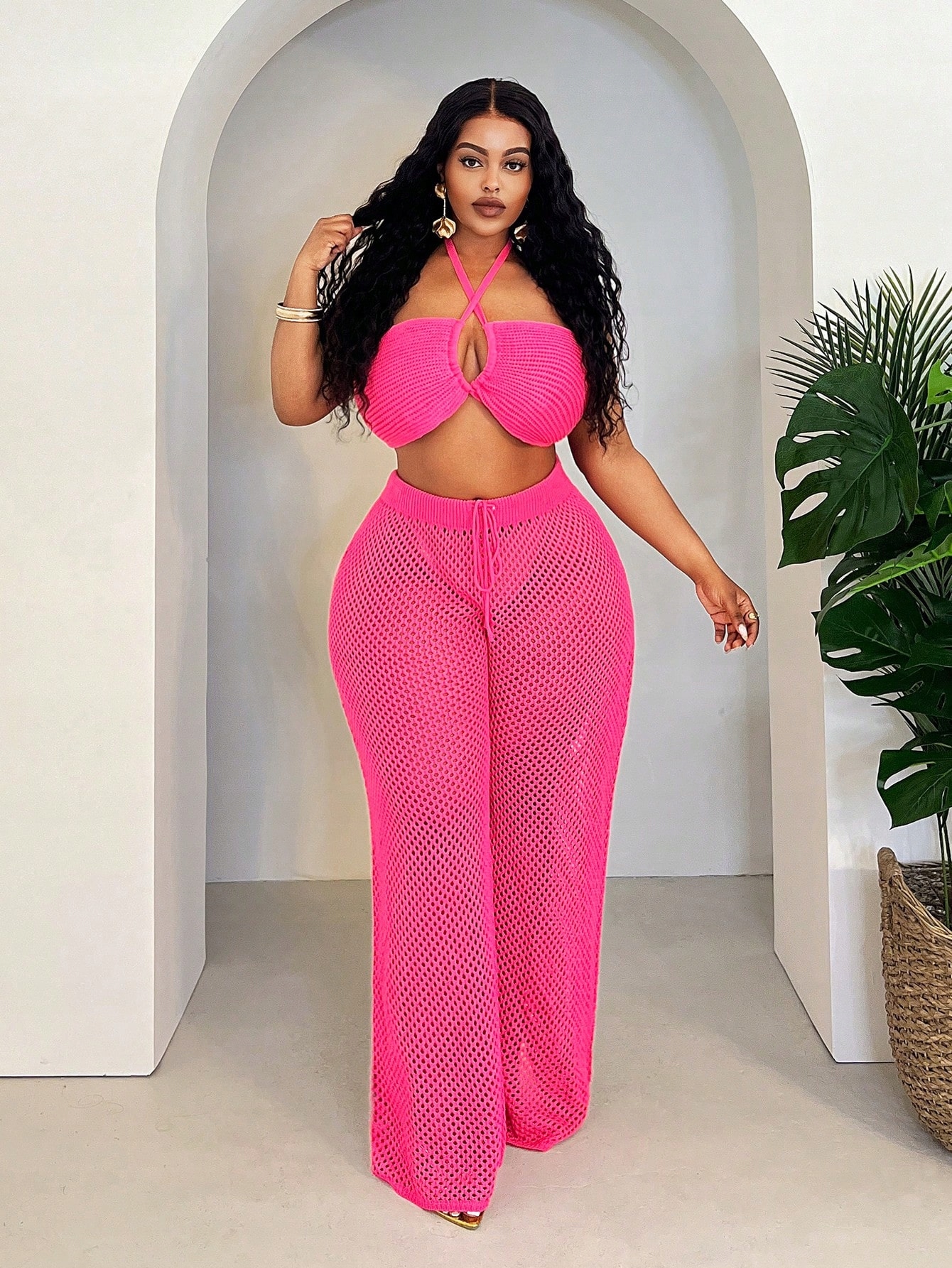Plážový Set Síťovaný Sexy Růžový Shein 3XL 46