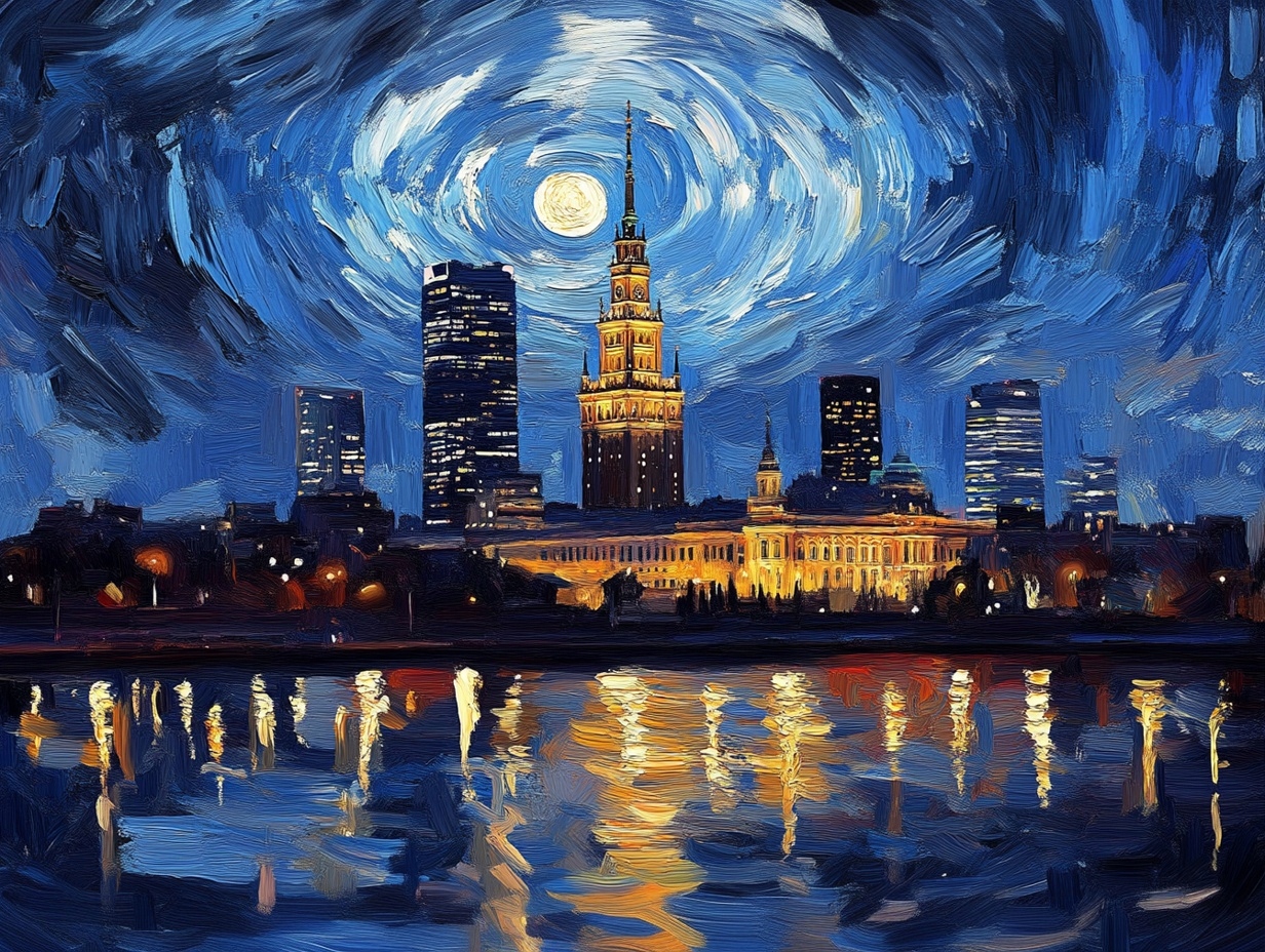 Obraz Na Plátně Canvas Město Varšava Panorama Van Gogh Styl Noc 80x60