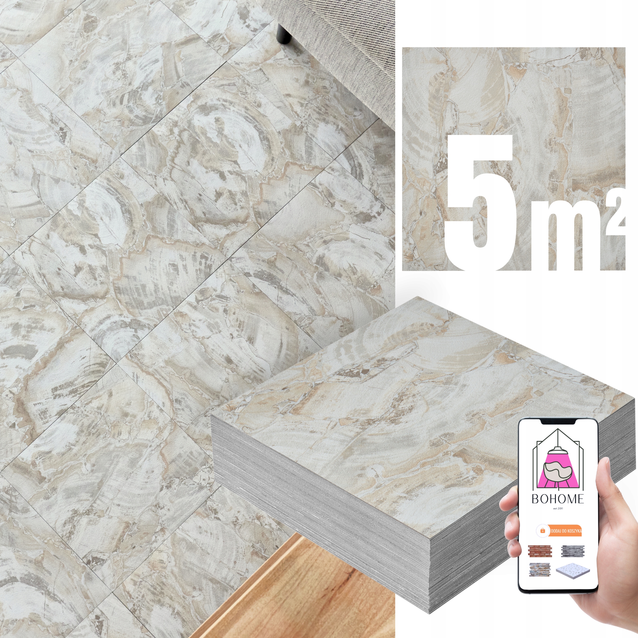 Płytki Winylowe Samoprzylepne 5m² BEŻOWY KAMIEŃ Panele Kafle Podło* Marmur