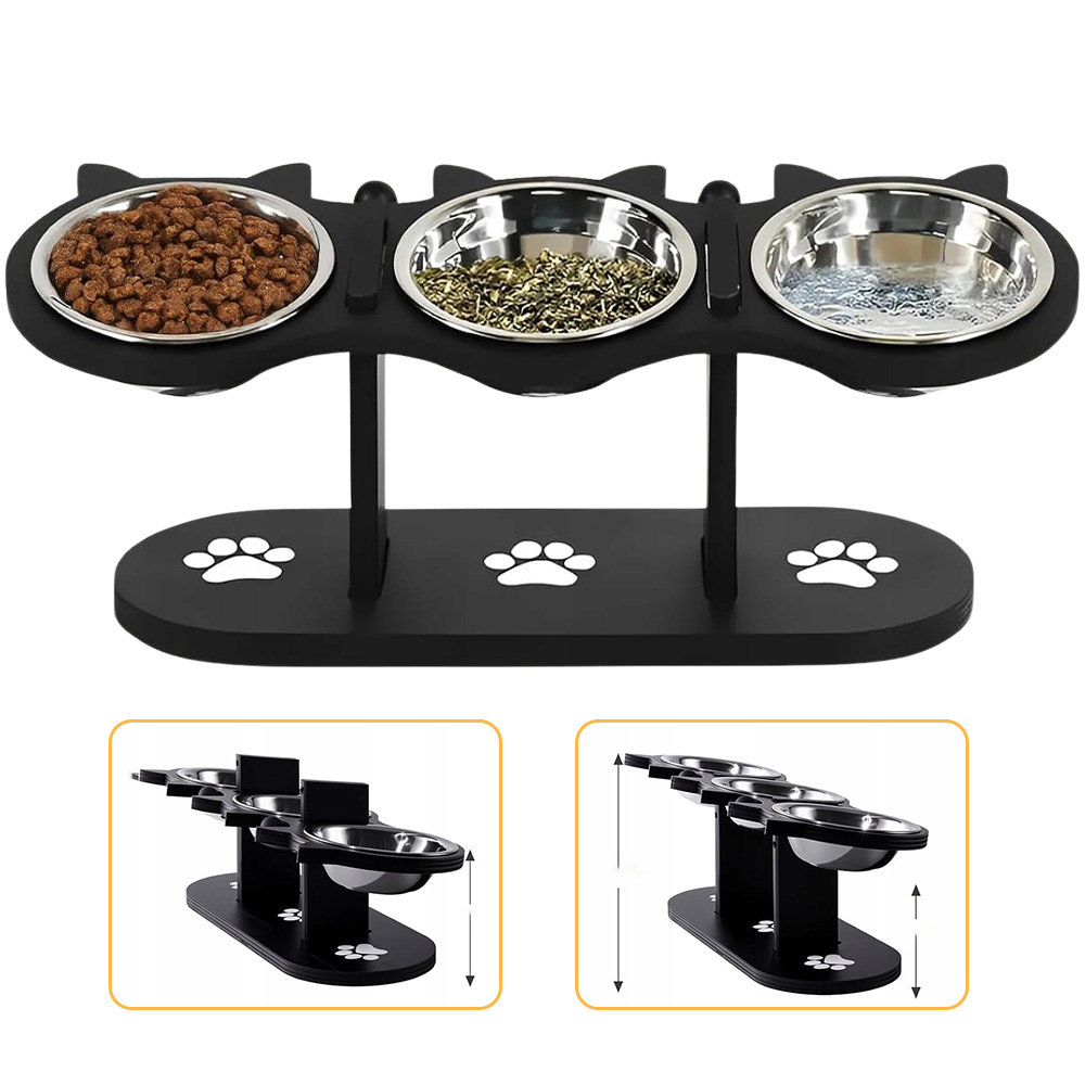 Levně Stojan Na Krmení Zvířat – Dřevěný, 3 Ocelové Misky, Konstrukce