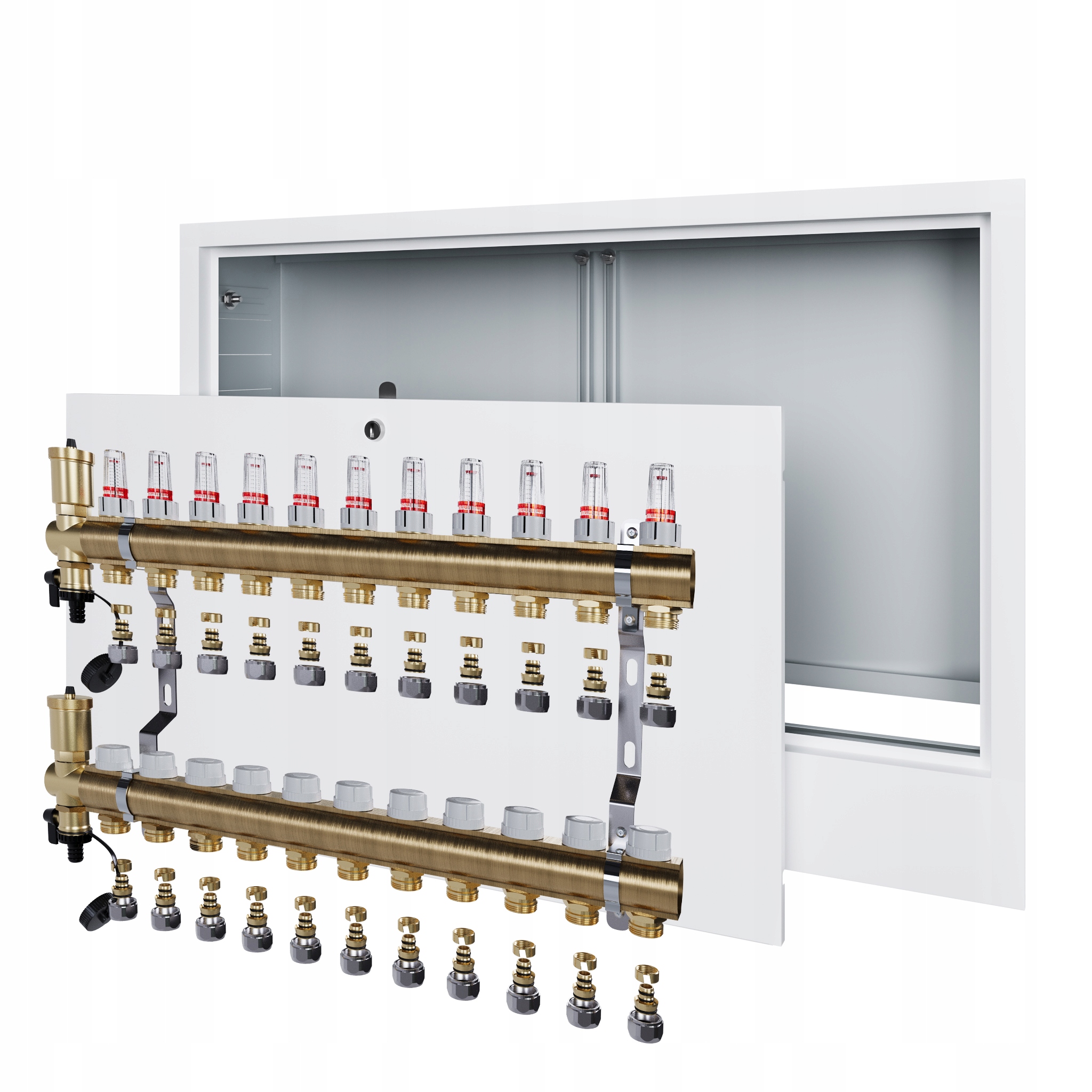 Rozdělovač pro podlahu 11 okruhů s podomítkovou schránkou a spojkou Pex