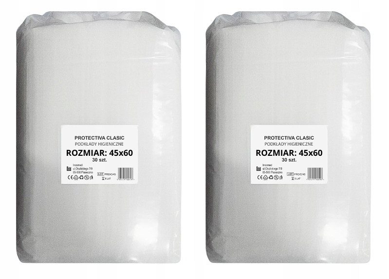 Podkłady do PRZEWIJANIA JEDNORAZOWE mocne HIGIENICZNE 45x60 cm 60 szt. Szerokość produktu 45 cm