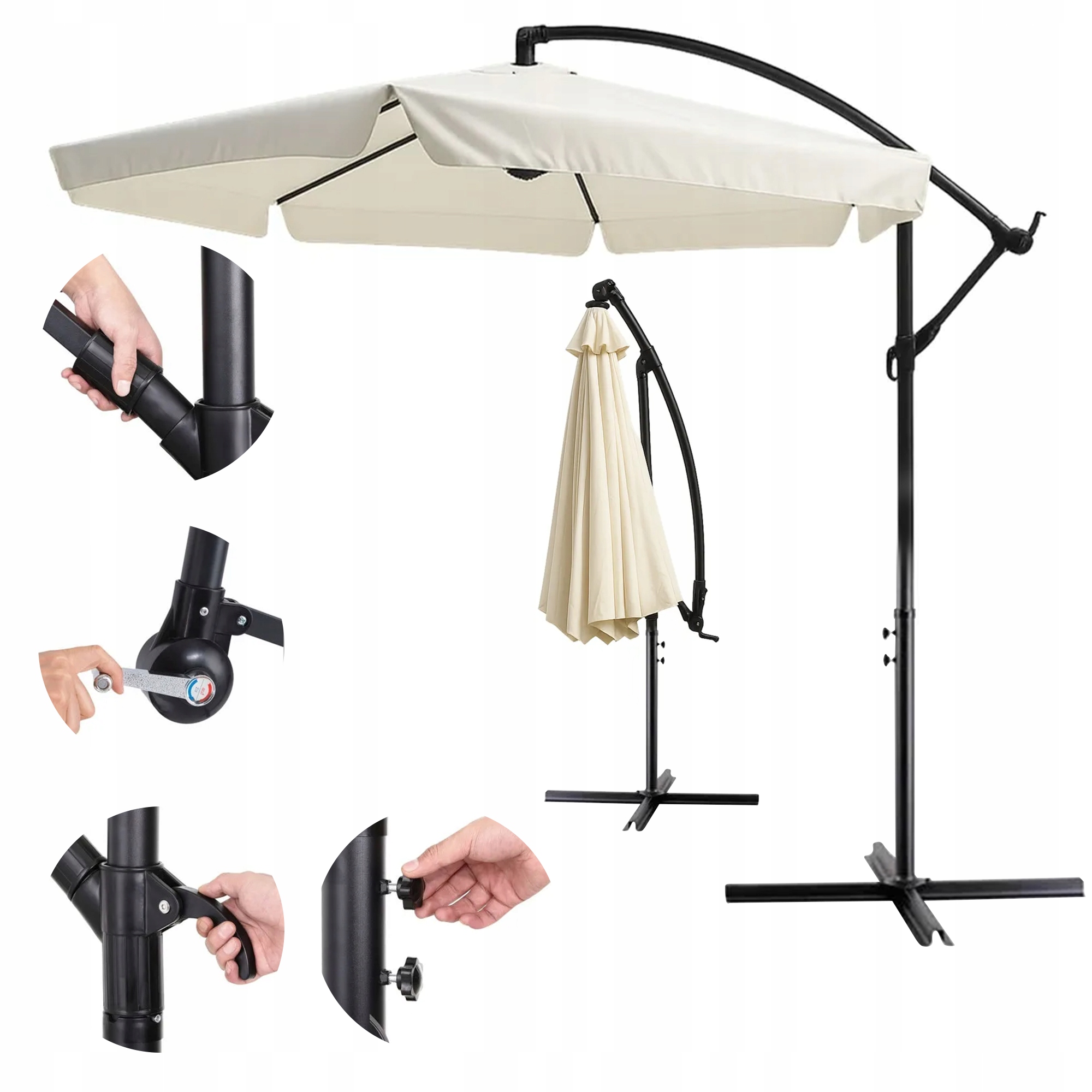 Zahradní slunečník skládací na výložníku s bočnicemi 300 cm, 3 m, béžový