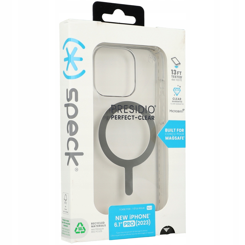 Pouzdro Speck Presidio Perfect Clear MagSafe pro iPhone 15 Pro, stříbrné