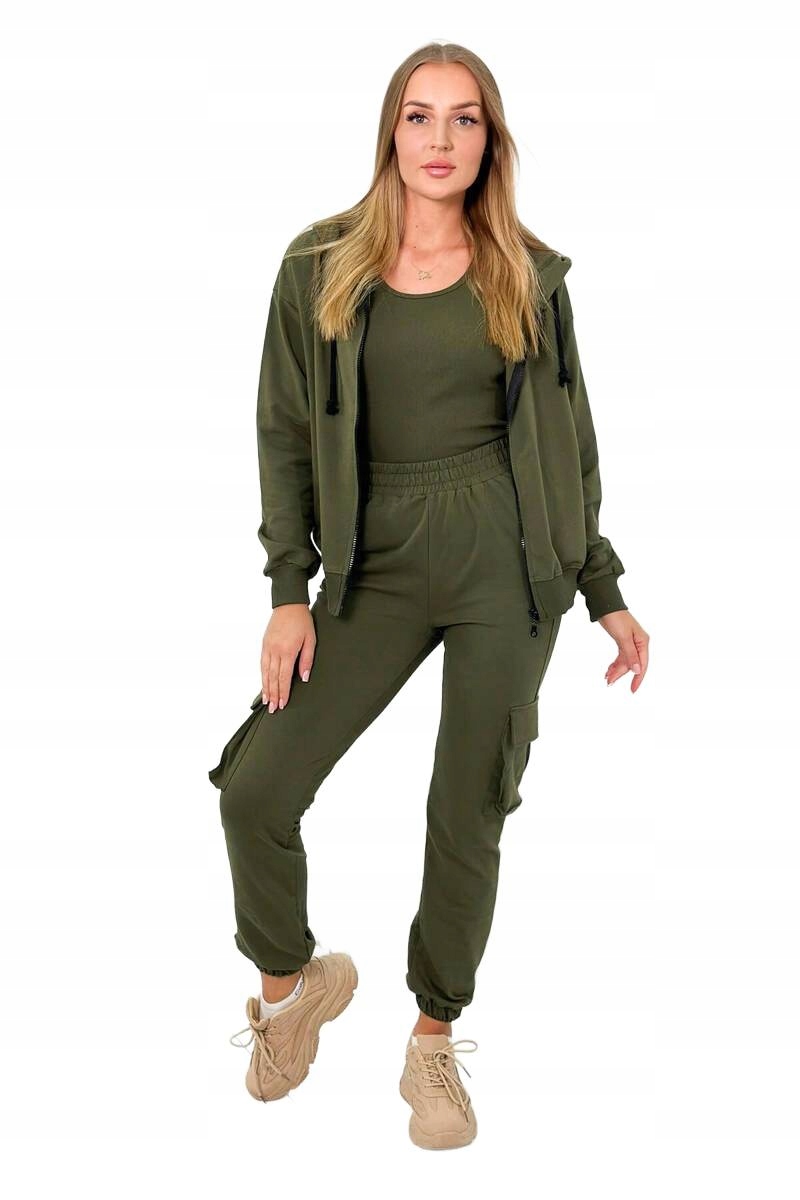 Komplet 3v1 mikina top khaki kalhoty