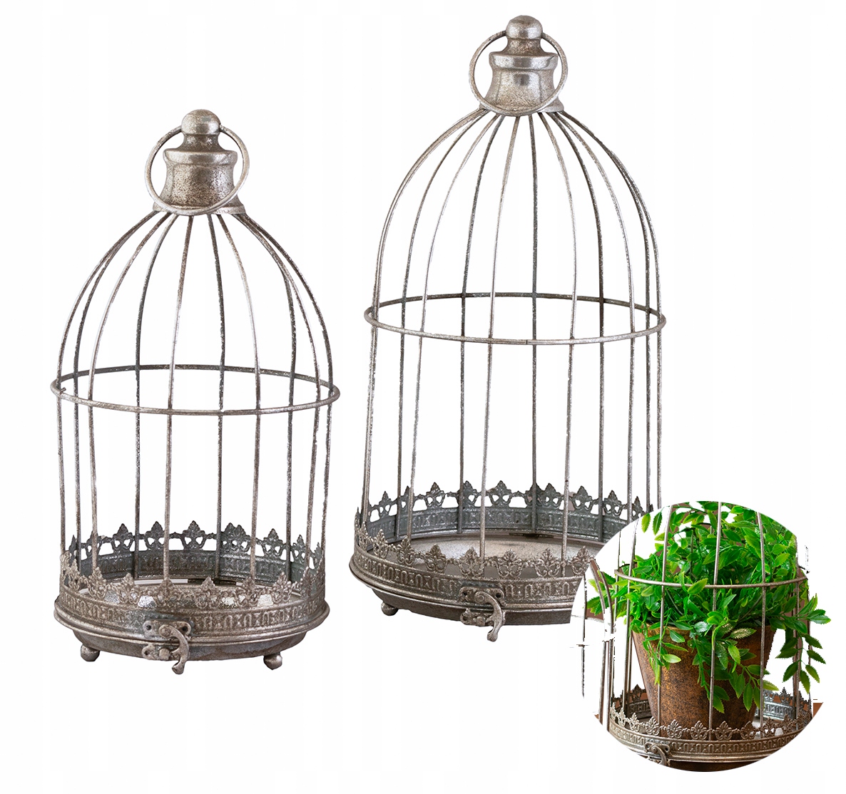Doniczka Kwietnik Stojąca Wisząca Metalowa Srebrna Klatka retro 2 szt.