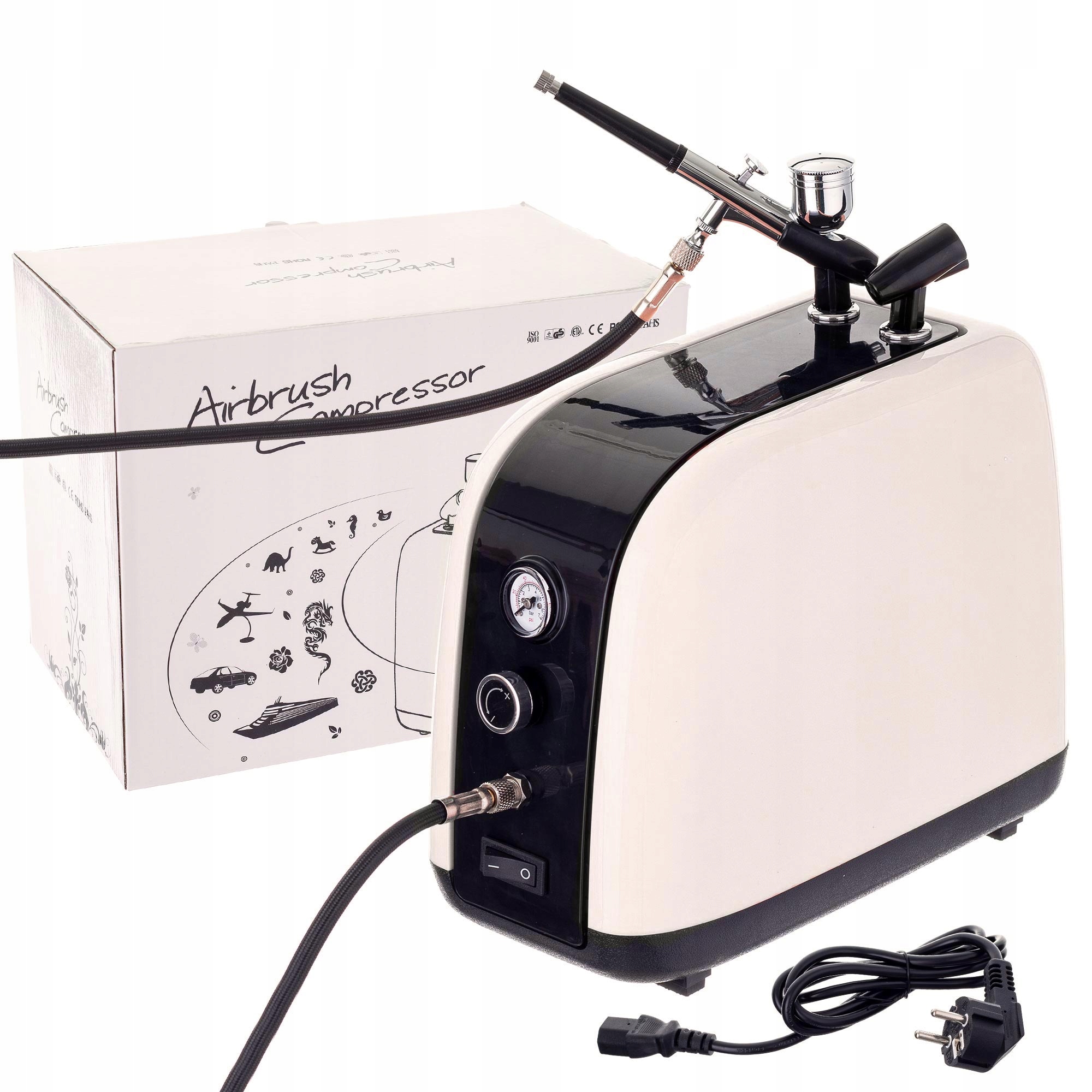 Tichý modelářský kompresor HS-386 Auto Stop Ventilátor Filtr Aerograf 0,3mm