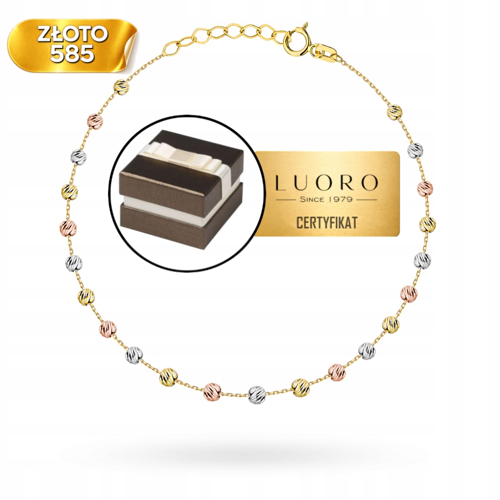 Náramek Zlatý 585 14K Tricolor Diamantové Kuličky 17 CM Nastavitelný