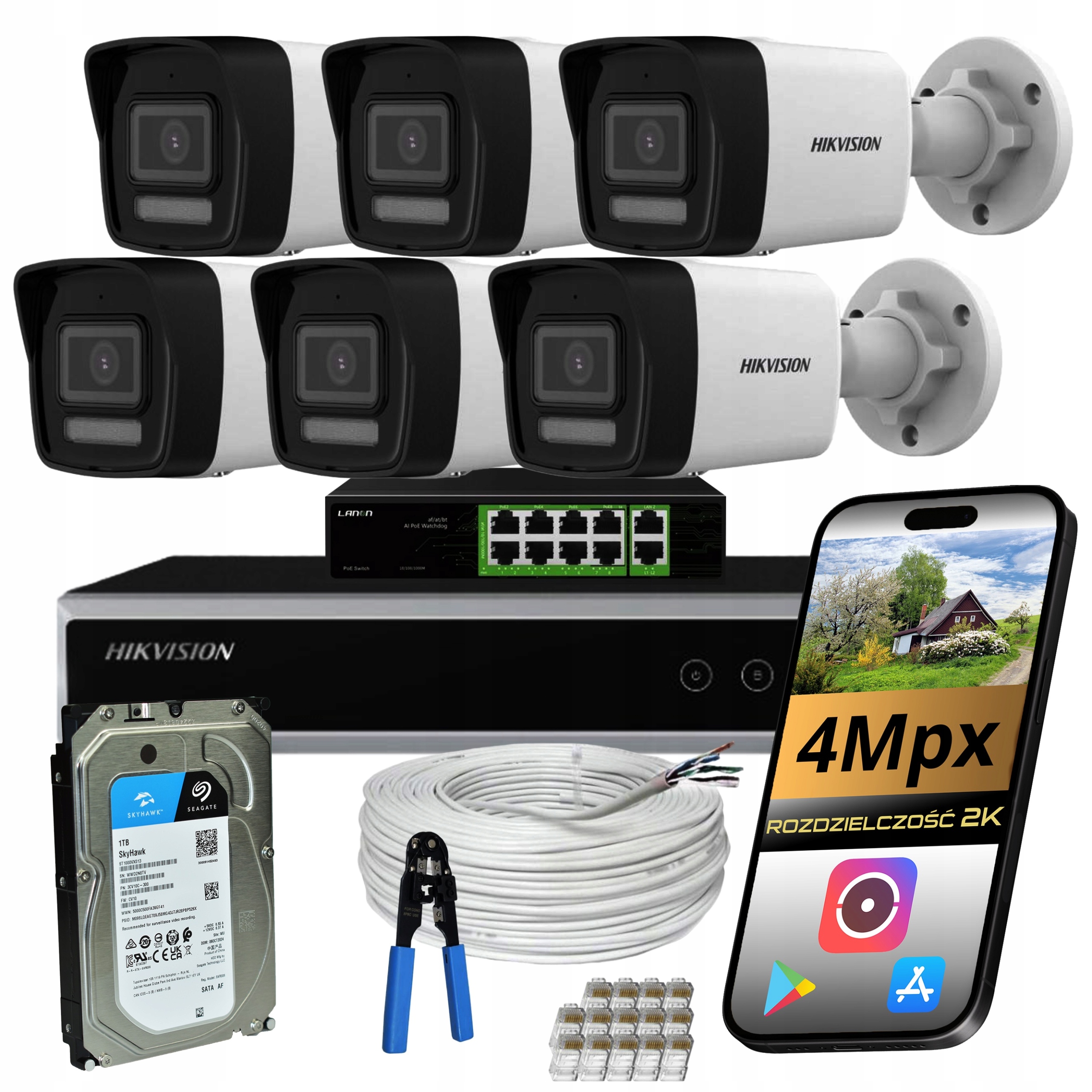 Zestaw Kamer 6SZT Do Monitoringu Tuba 4Mpx Ip Poe Dual Ir Led Hikvision 1TB