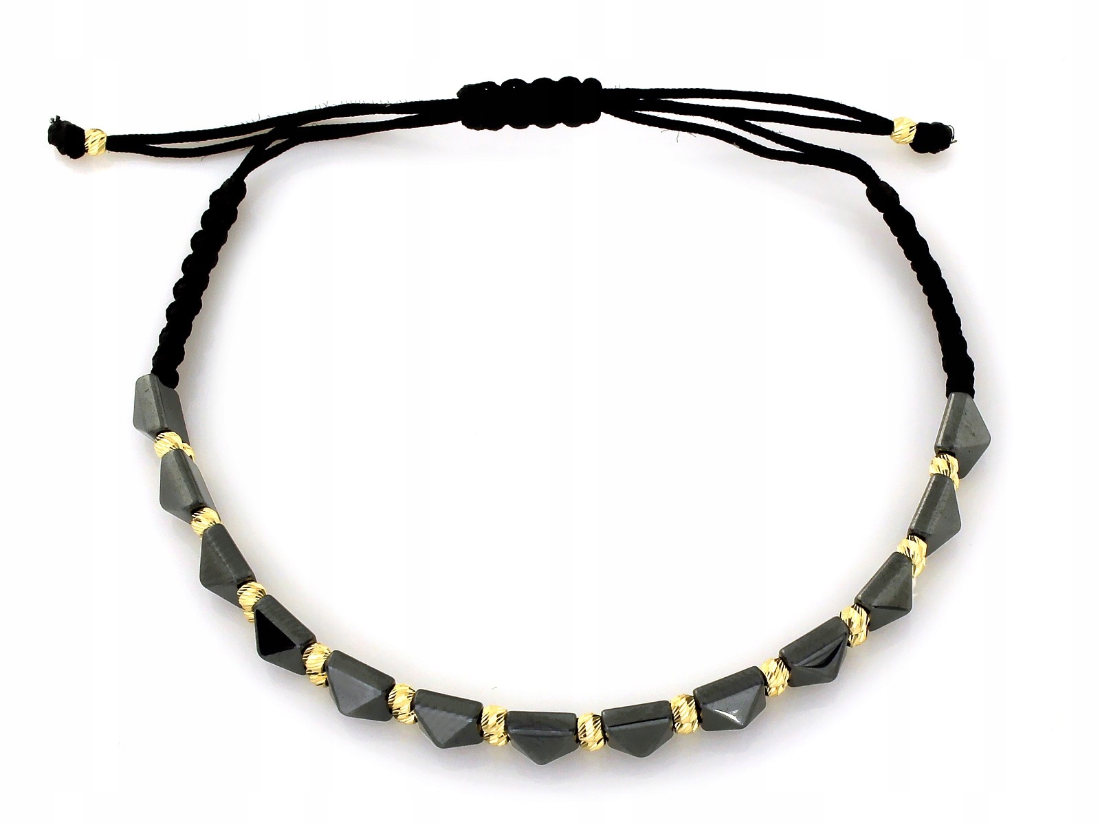 Zlatý náramek 585 kuliček a hematitu na černém provázku 0.79 g jako dárek