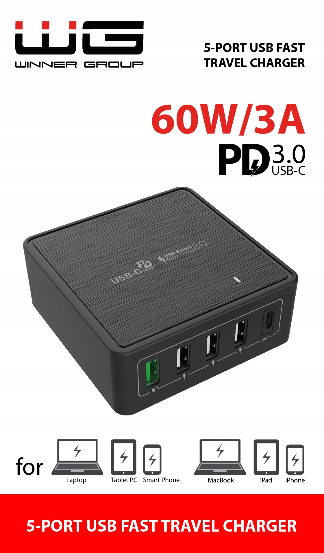 Ładowarka sieciowa 5x USB QC3.0+3xUSB+typeC PD 60W Marka Winner Group