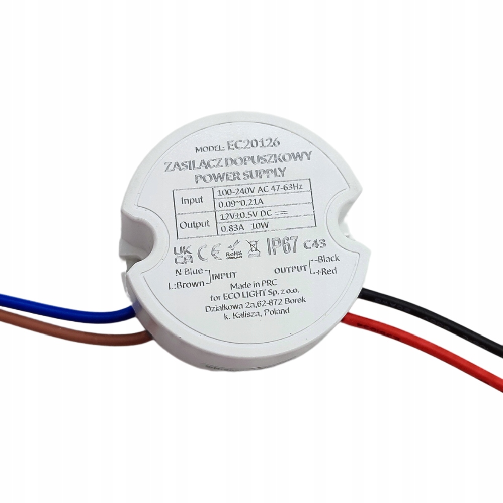 Zasilacz LED 12V do puszki WODOODPORNY 10W 0.83A do taśm LED dopuszkowy
