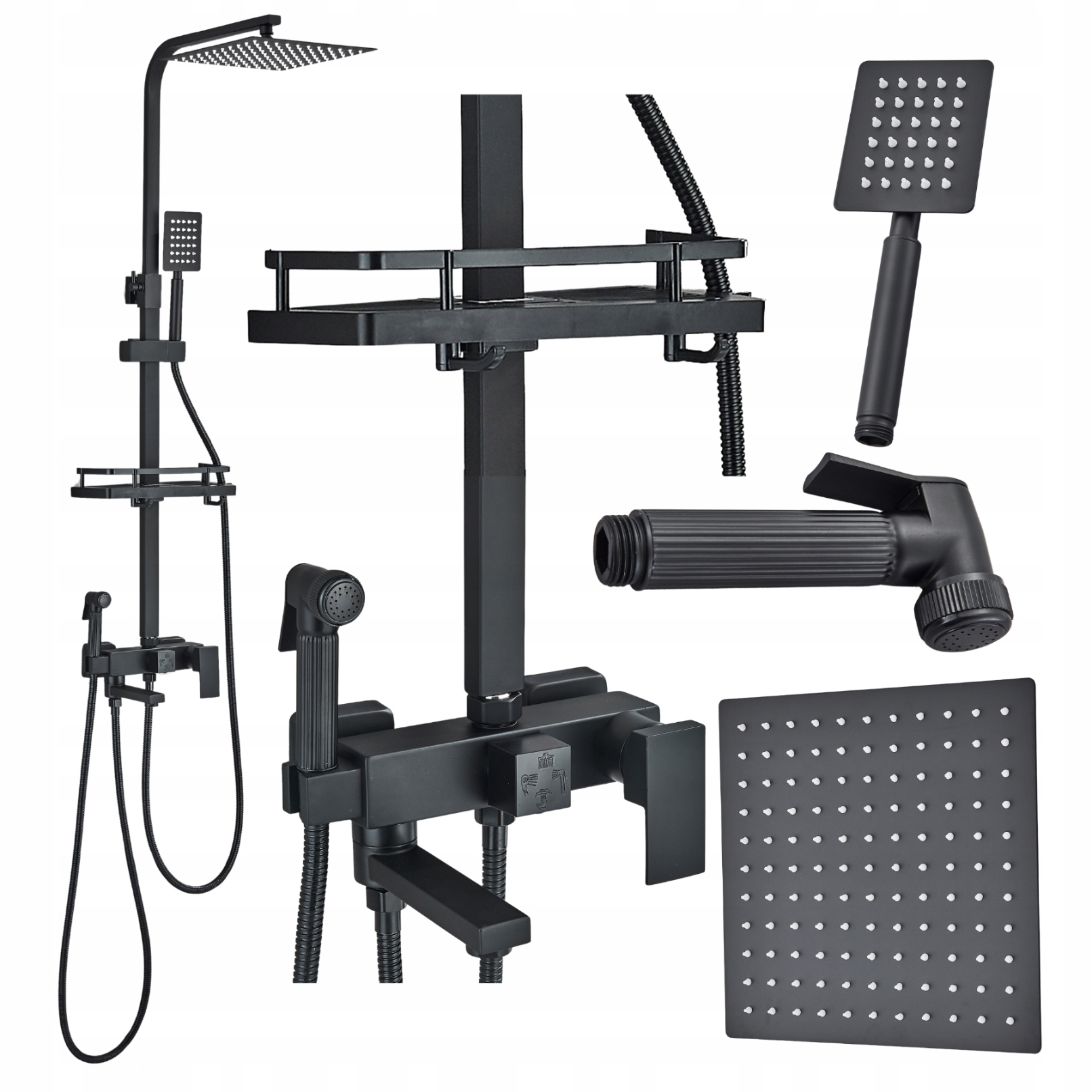 Nástenná Sprchová Batéria Čierna S Dažďovou Sprchou, Bidetová Polička