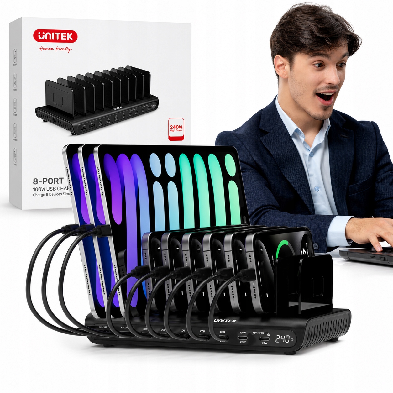Unitek P1230CBK01-EU 10-portová nabíjacia stanica Usb-c a Usb-a 240W