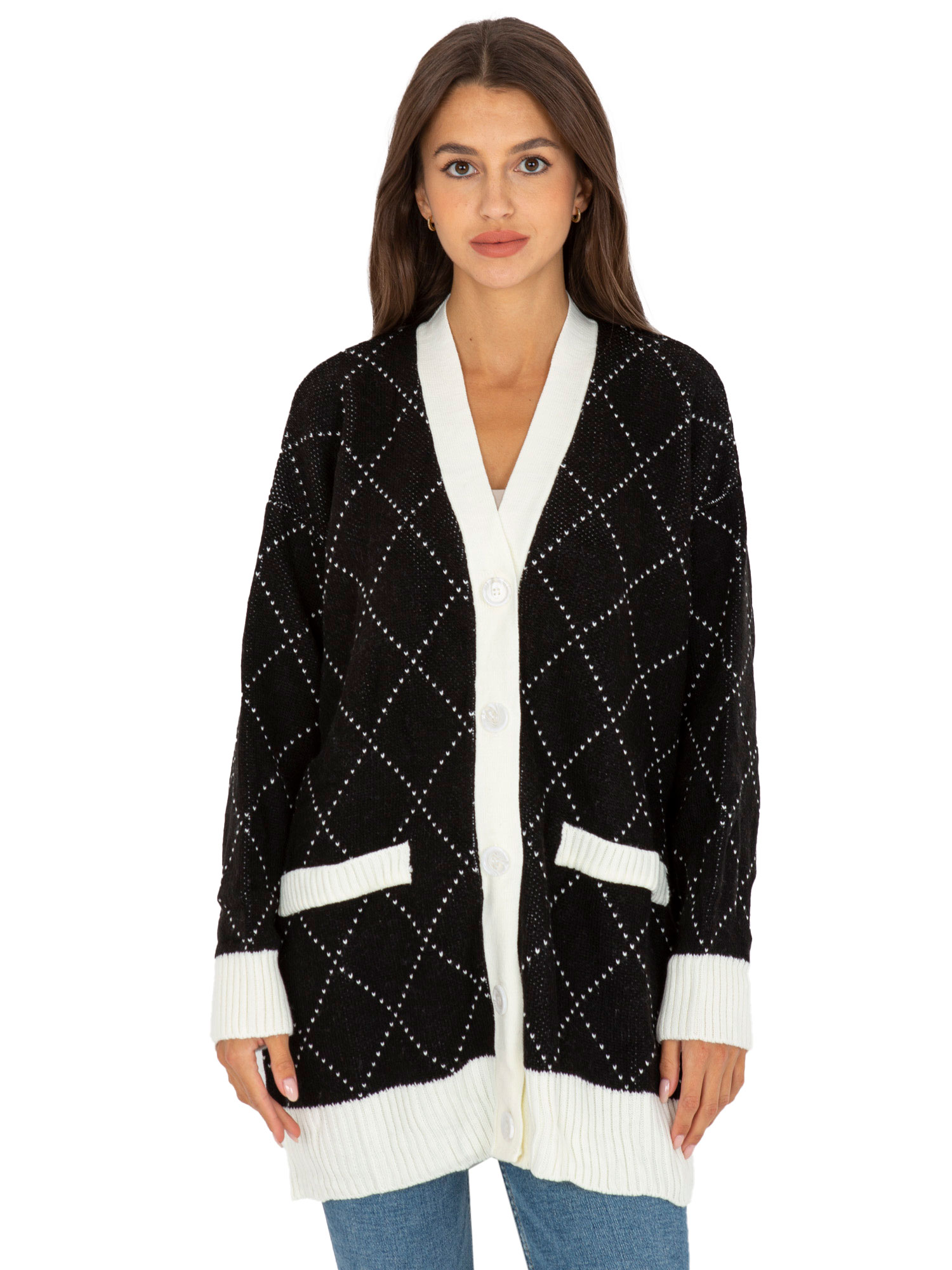 

Sweter damski rozpinany oversize guziki ze wzorem