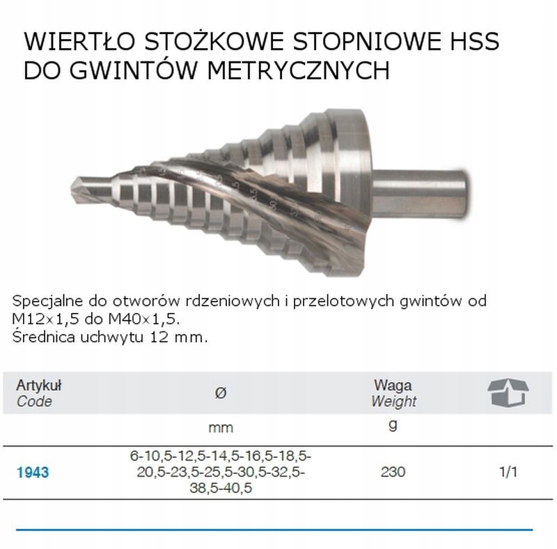 WIERTŁO STOŻKOWE STOPNIOWE, HSS, M12-M40, ŚR6-40,5 MM MODEL BM1943 EAN (GTIN) 8013629219434