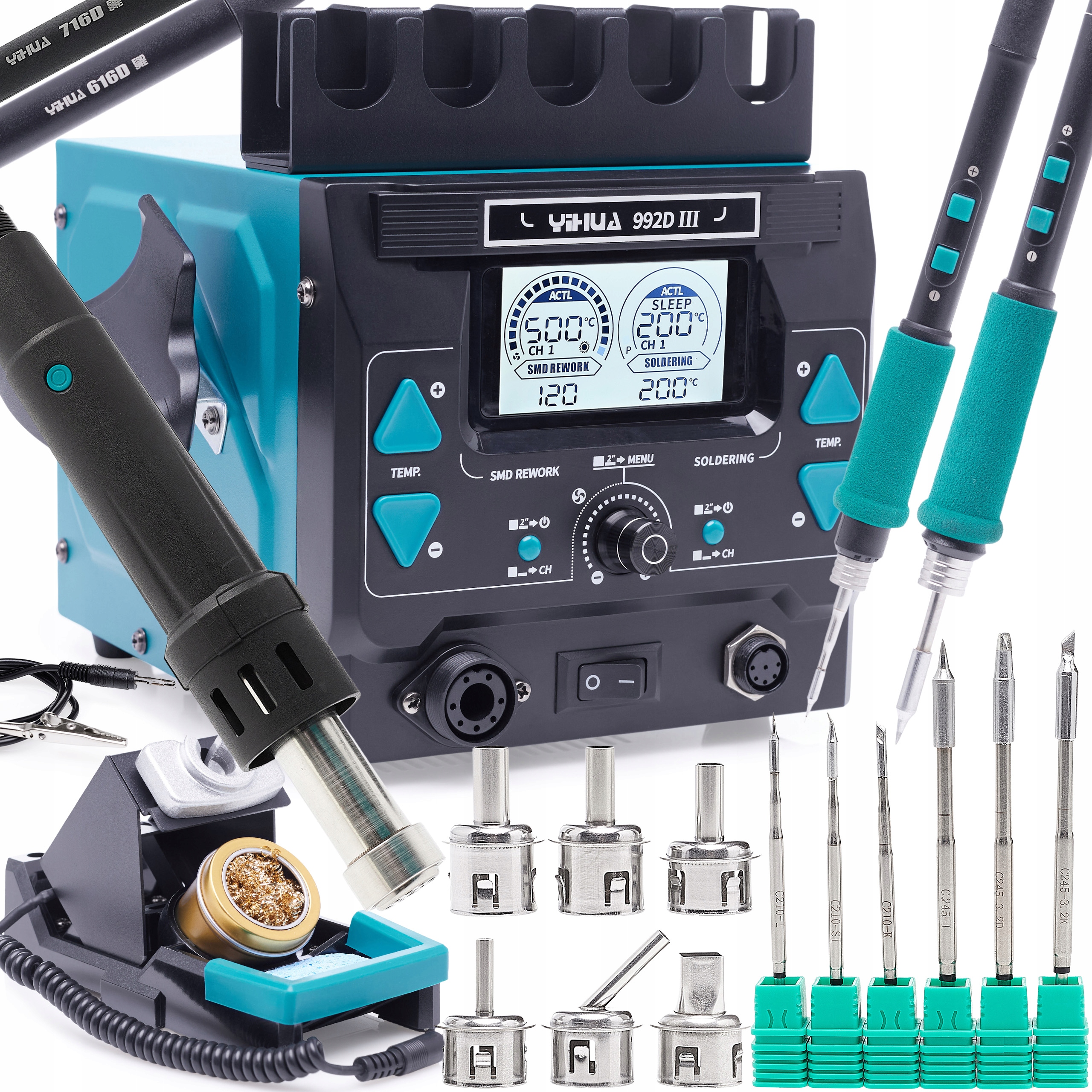 Pájecí stanice Yihua 992D-III Hot Air Groty C245 C210 2v1 LCD 6 trysek