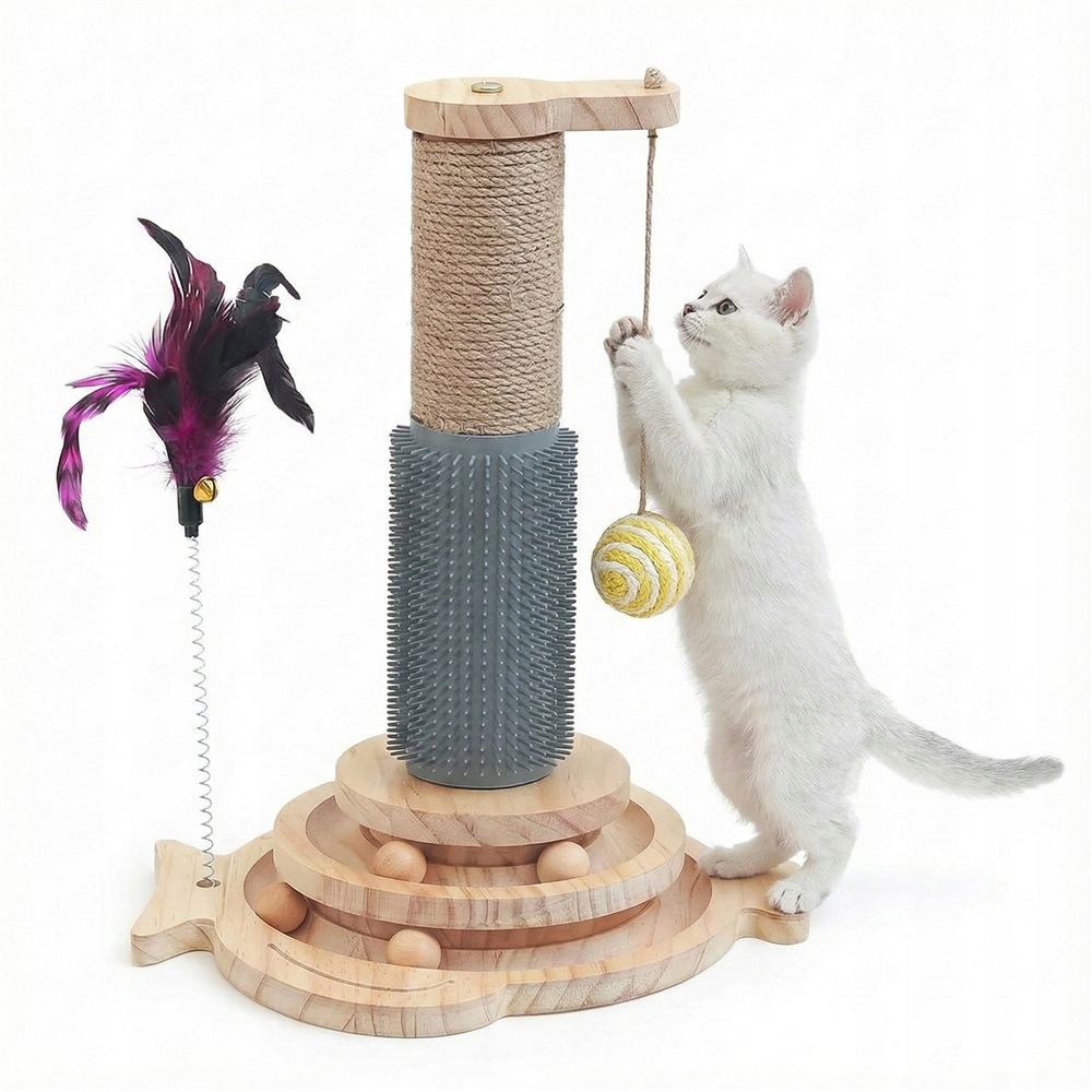 Levně Hračka Pro Kočky 5 Funkcí Škrabadlo Dráha Míčky Masarz Pírka Míč Dřevo