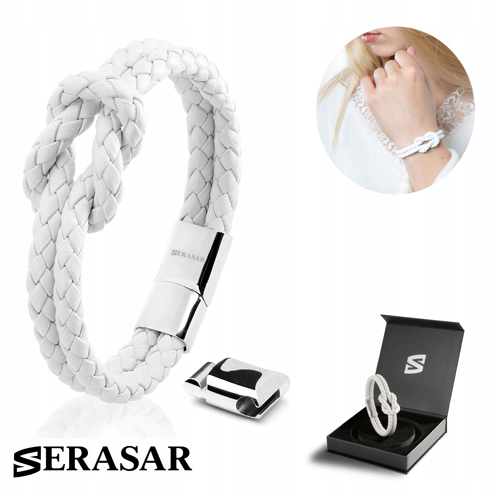 Serasar, Dámský kožený náramek [Knot] Bílý, 16 cm