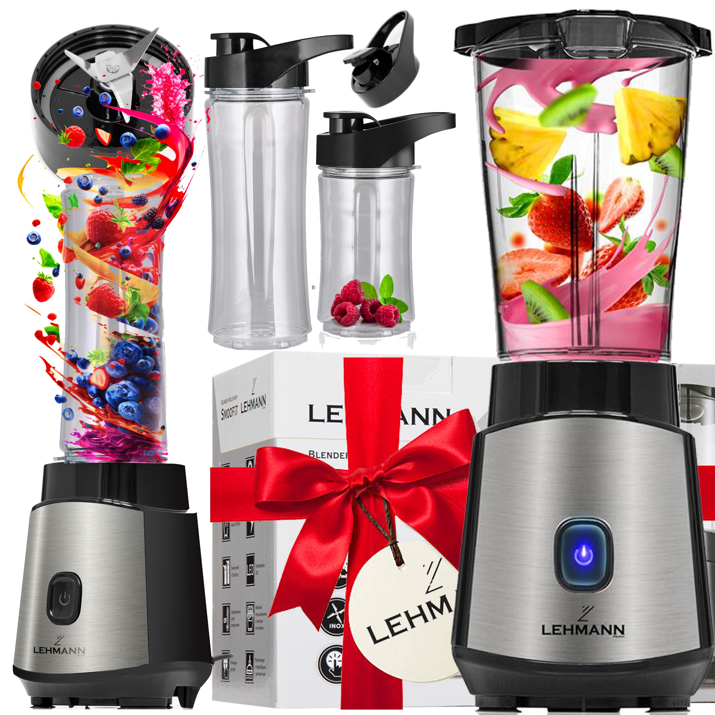 Blender Kielichowy Do Smoothie Koktajli 1200W Miksuje Kruszy Lód 2x Bidony
