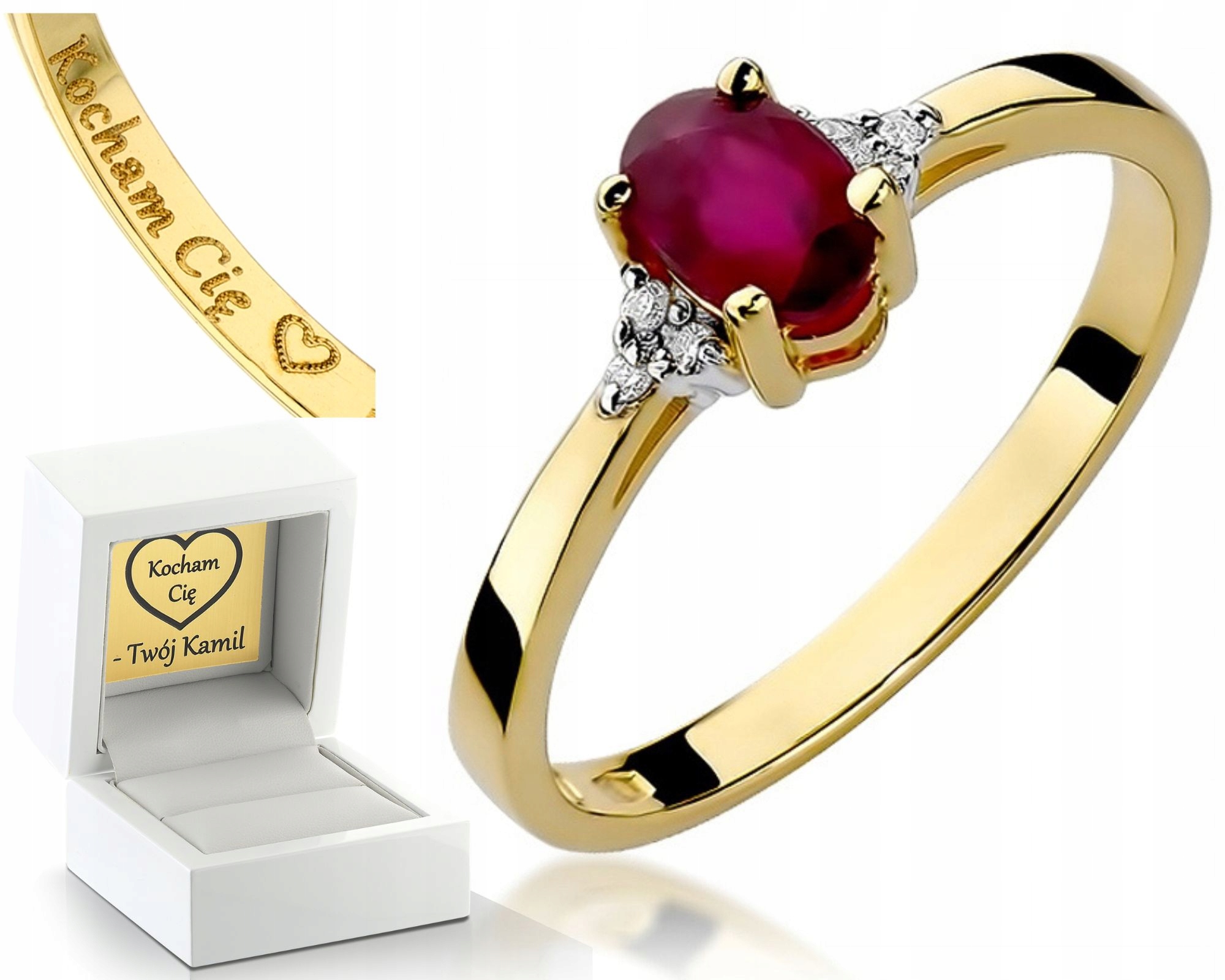 Zlatý Prstýnek S Rubínem A Diamanty Gravírování