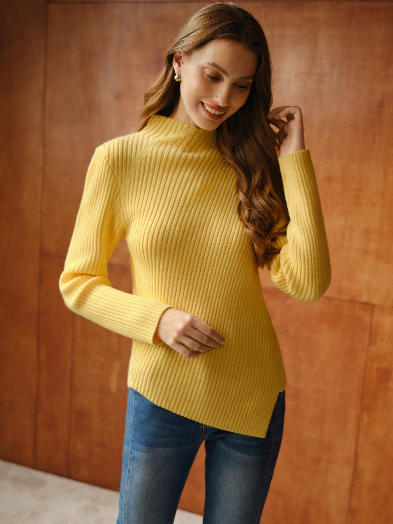 Asymetrický Pruhovaný Svetr S Příměsí Vlny Žlutý Motf L 40