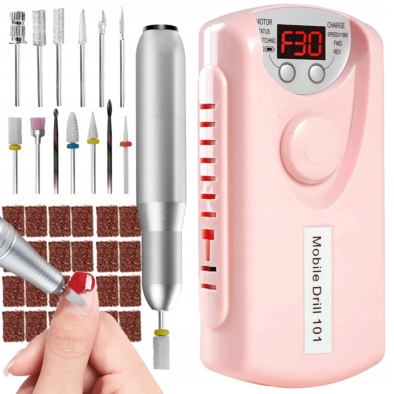 Profesionální Bruska Na Nehty, Sada 13 Akumulátorových Fréz Růžová