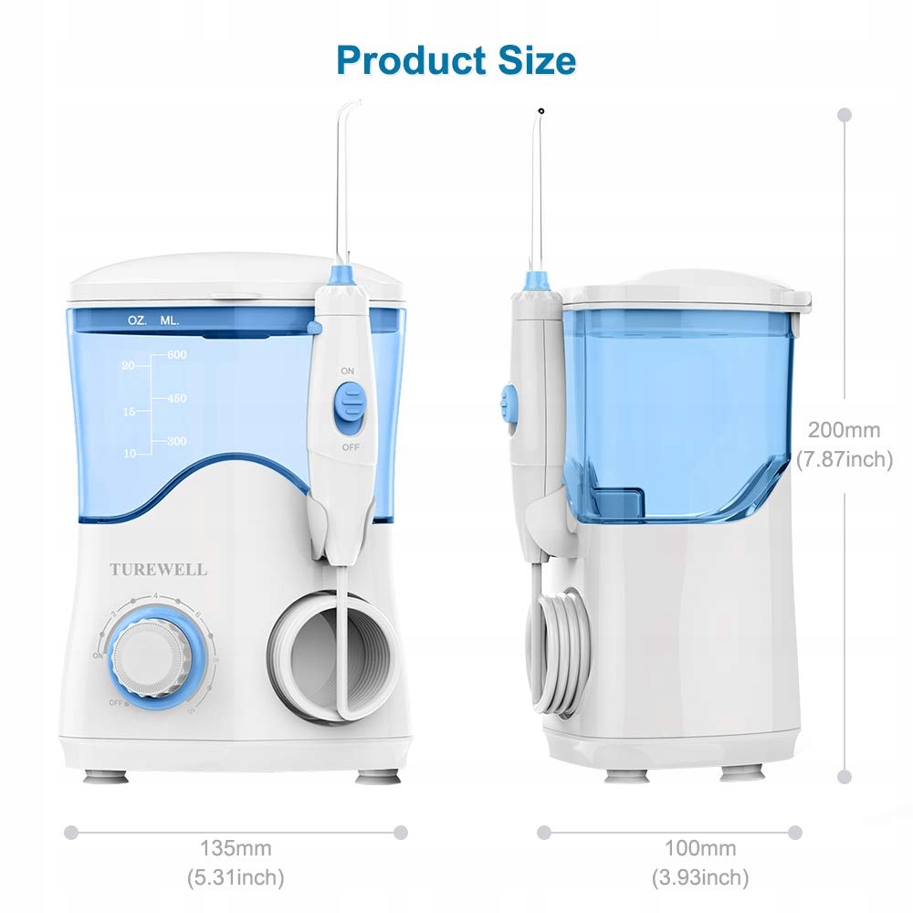 TUREWELL Elektryczny Irigator Dentystyczny 10 Poziomów, 600ml, 8 Końcówek — miniatura 7